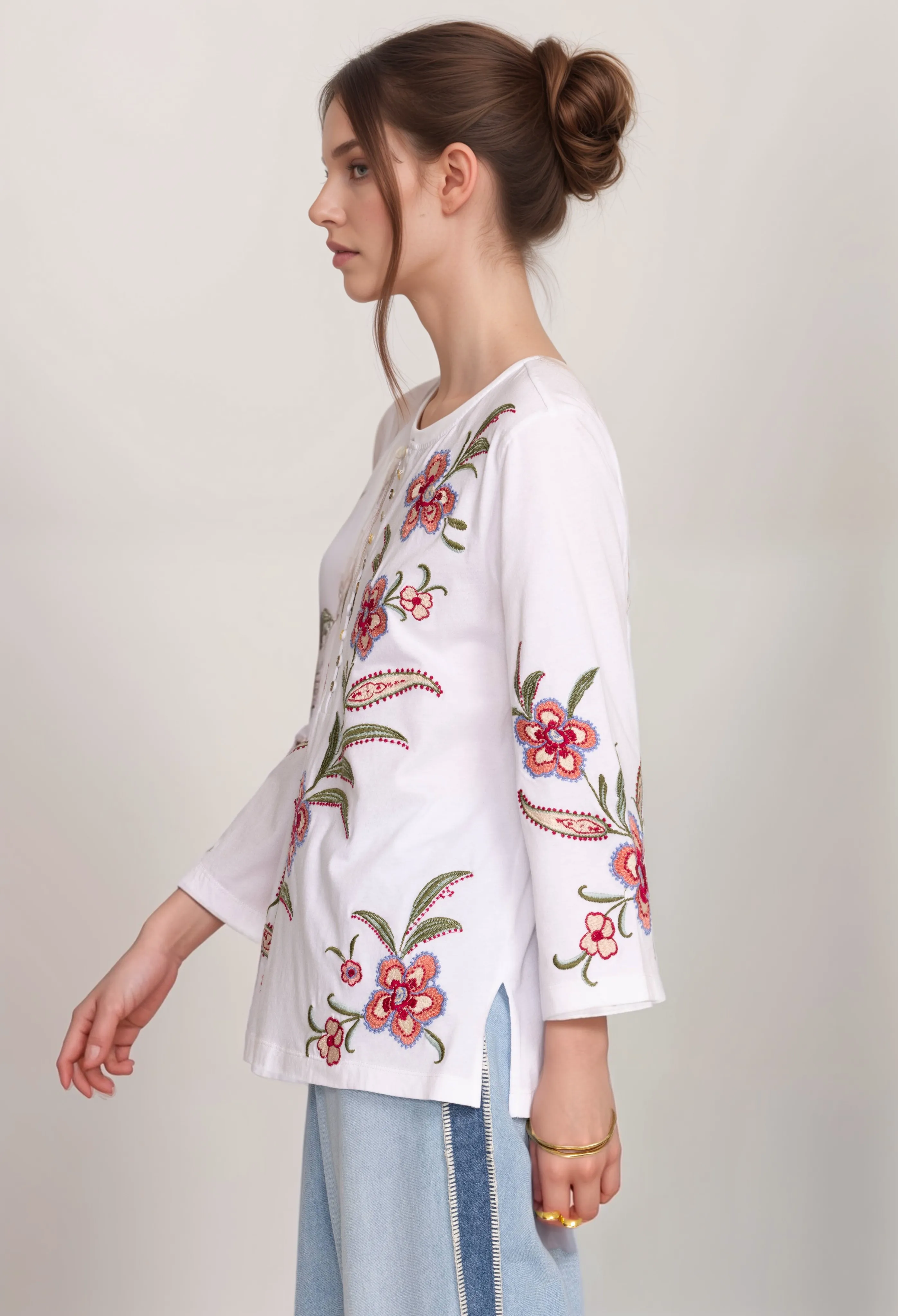 Johnny Was JWLA Libbi 3/4 Sleeve Button Front Tee J13124 Boho Chic *