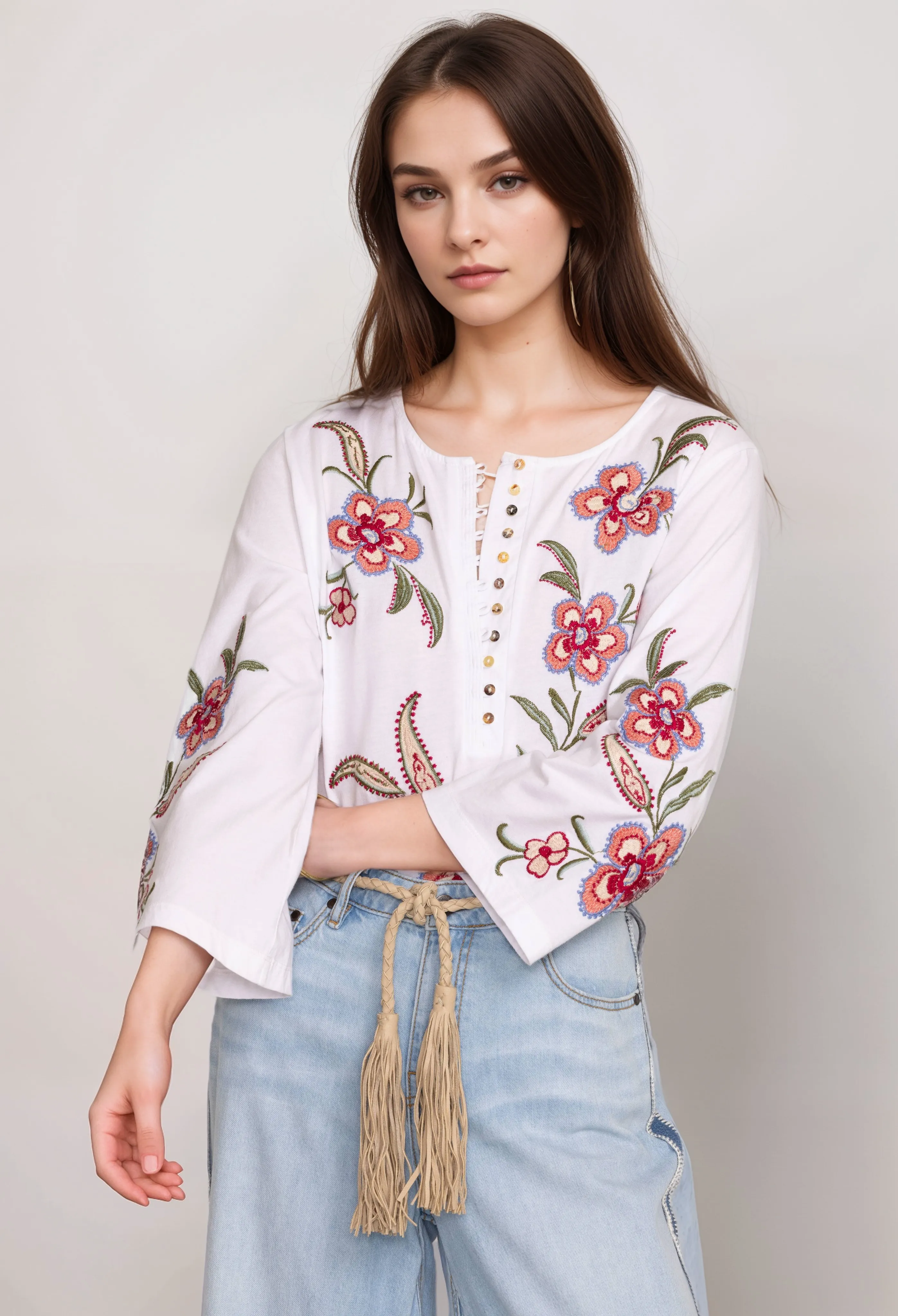 Johnny Was JWLA Libbi 3/4 Sleeve Button Front Tee J13124 Boho Chic *