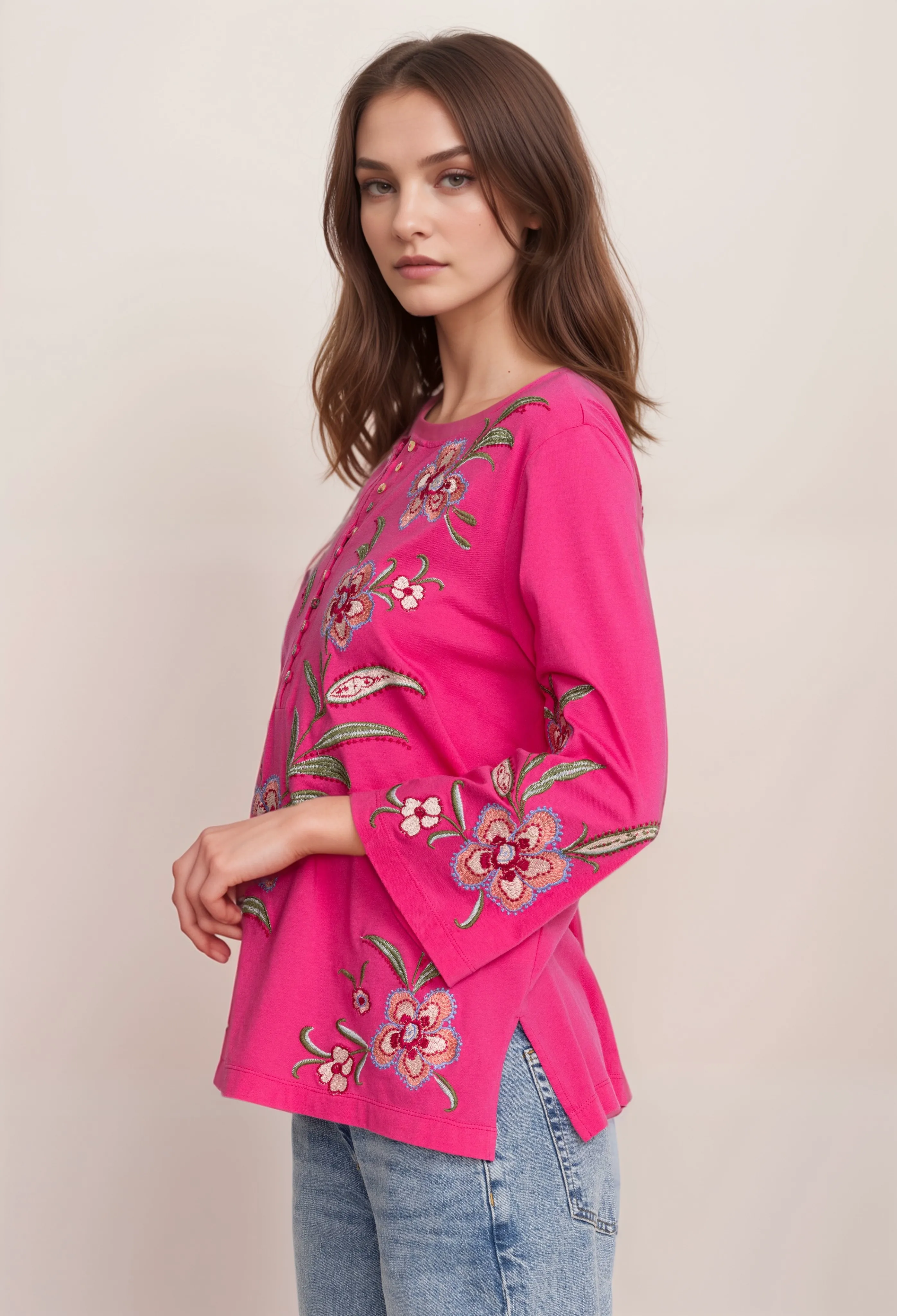 Johnny Was JWLA Libbi 3/4 Sleeve Button Front Tee J13124 Boho Chic *