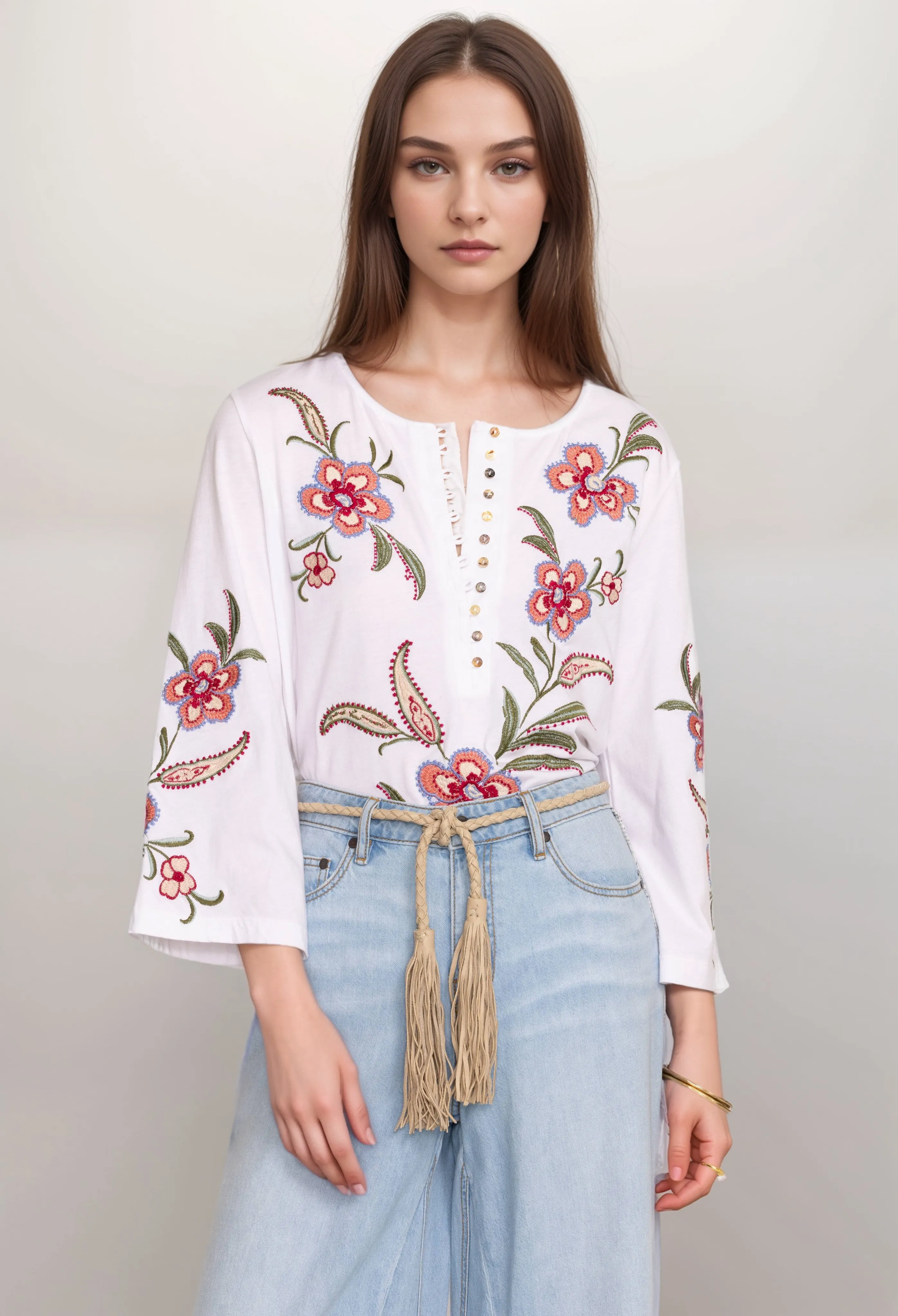 Johnny Was JWLA Libbi 3/4 Sleeve Button Front Tee J13124 Boho Chic *