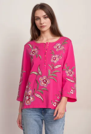Johnny Was JWLA Libbi 3/4 Sleeve Button Front Tee J13124 Boho Chic *
