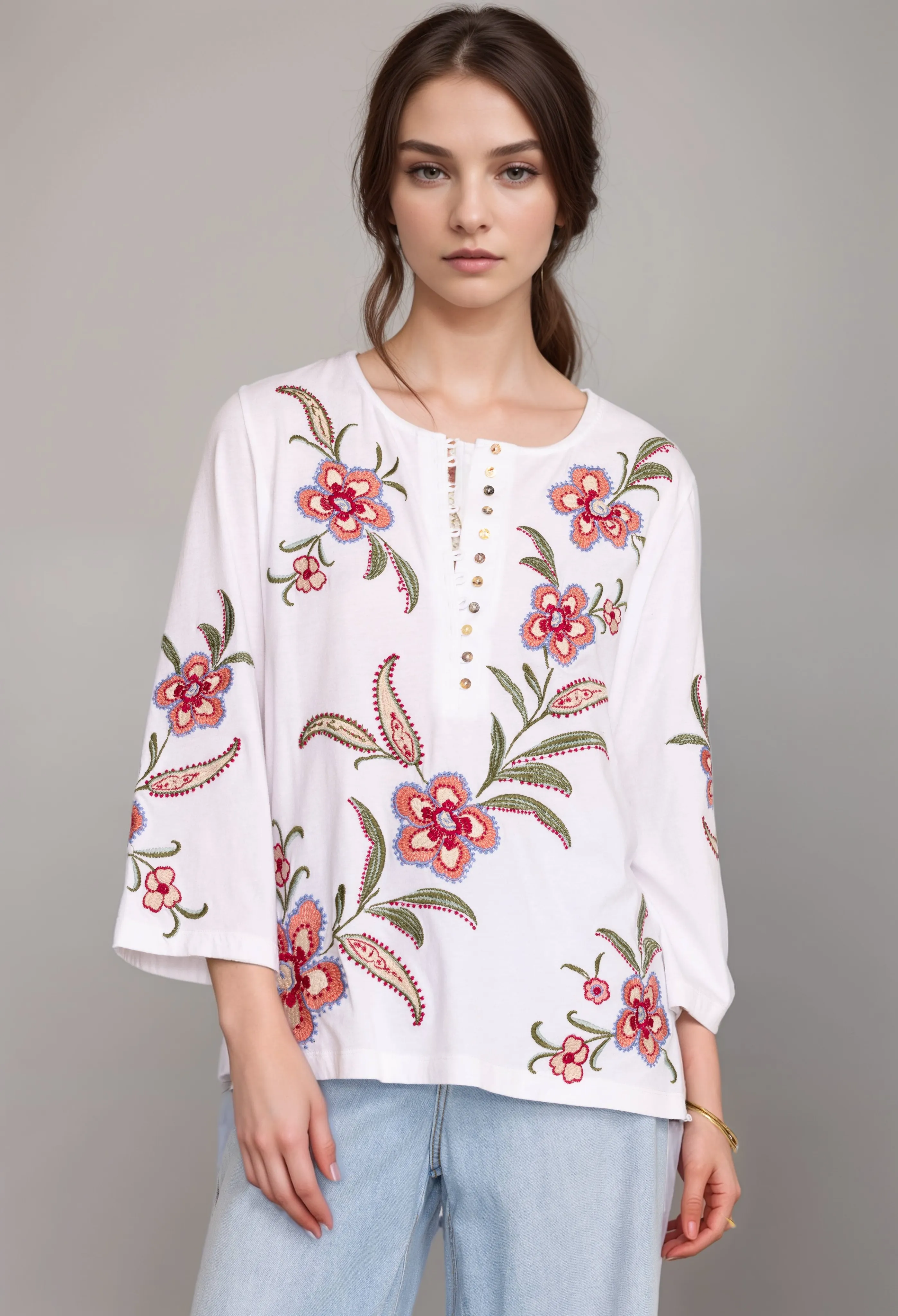 Johnny Was JWLA Libbi 3/4 Sleeve Button Front Tee J13124 Boho Chic *