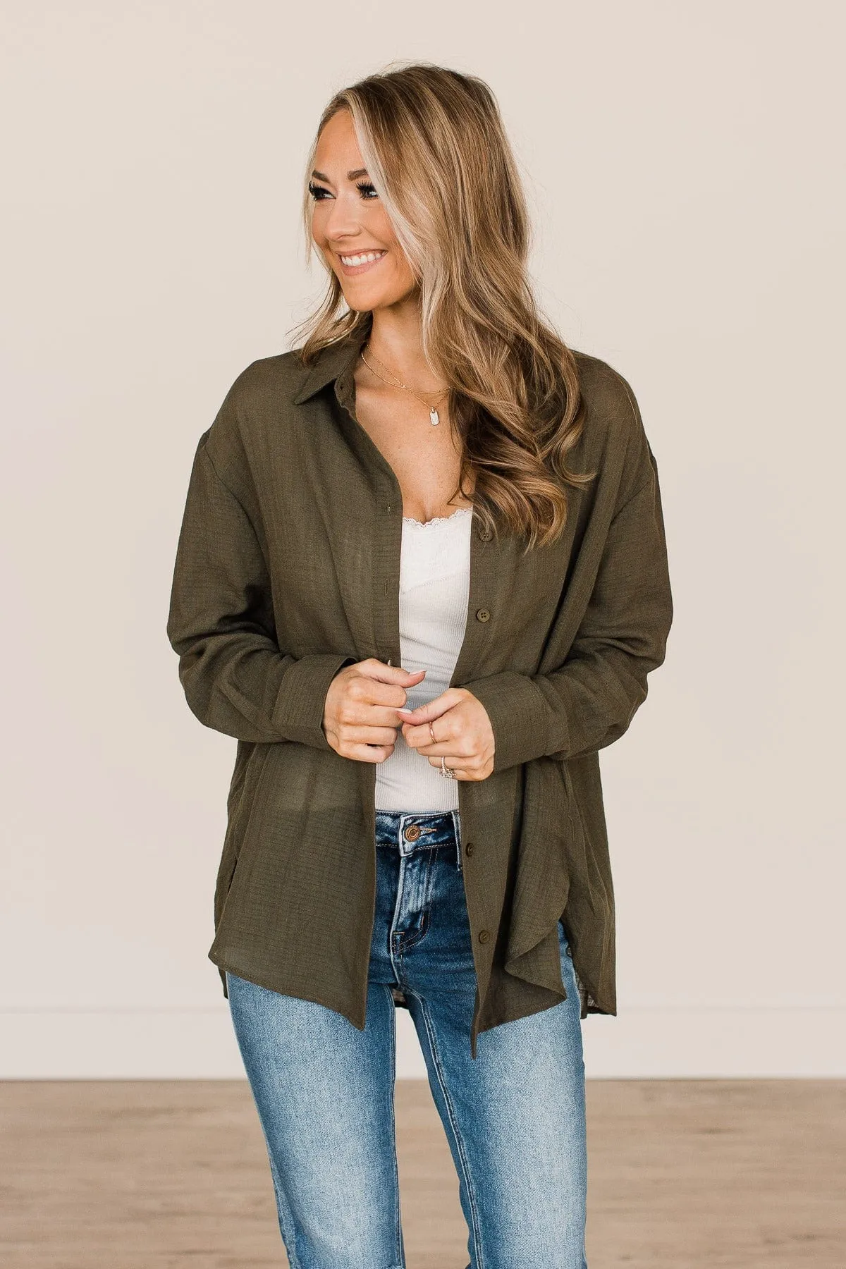Just Getting Good Button Top- Dark Olive