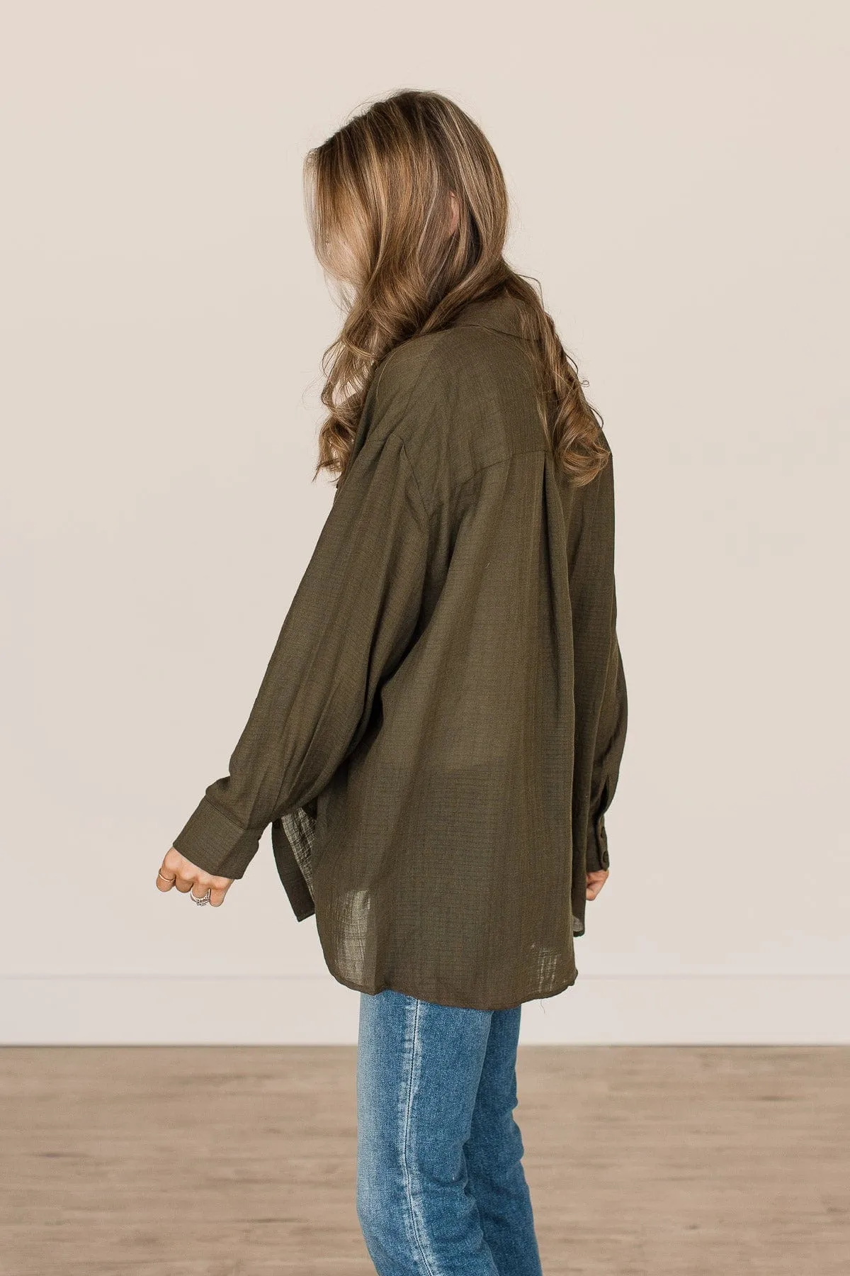 Just Getting Good Button Top- Dark Olive