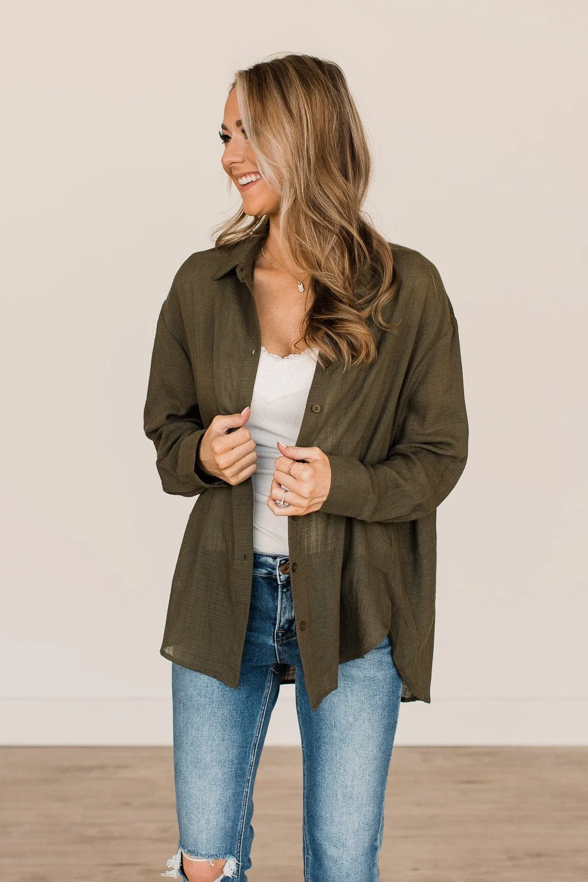 Just Getting Good Button Top- Dark Olive