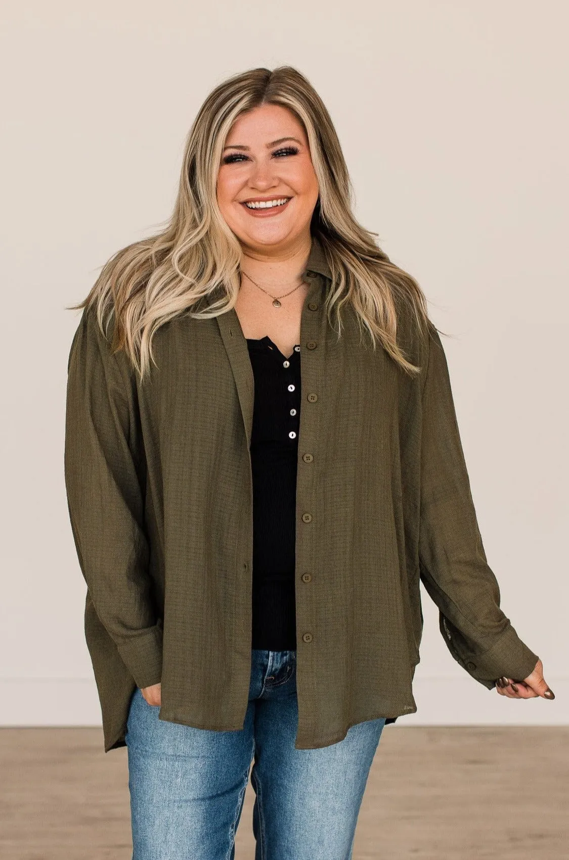 Just Getting Good Button Top- Dark Olive
