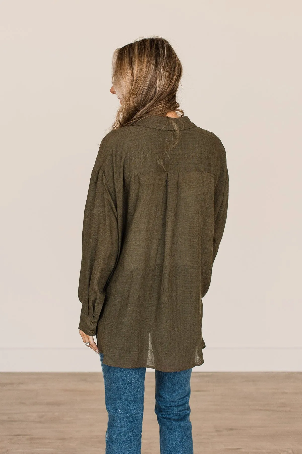 Just Getting Good Button Top- Dark Olive