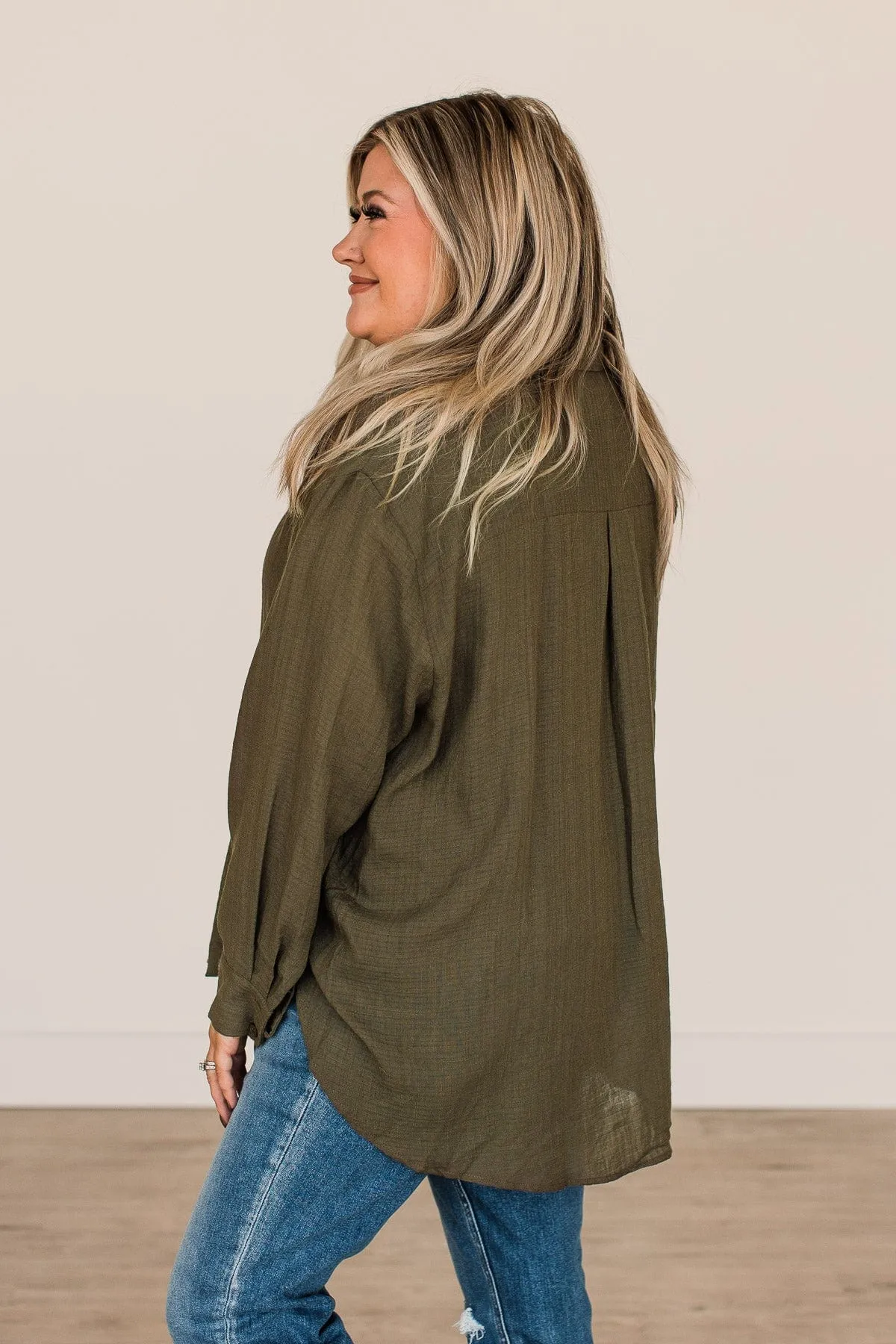 Just Getting Good Button Top- Dark Olive