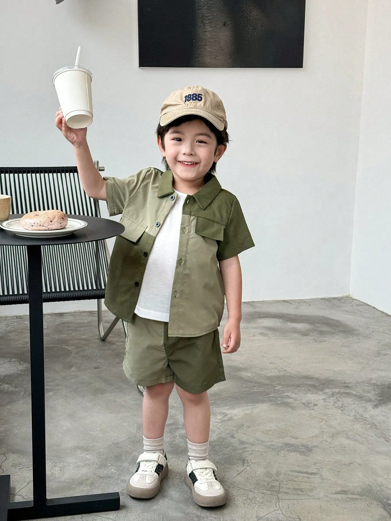Khaki button shirt| Boy Khaki Color Block Turn-down Collar Casual