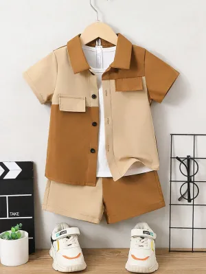 Khaki button shirt| Boy Khaki Color Block Turn-down Collar Casual