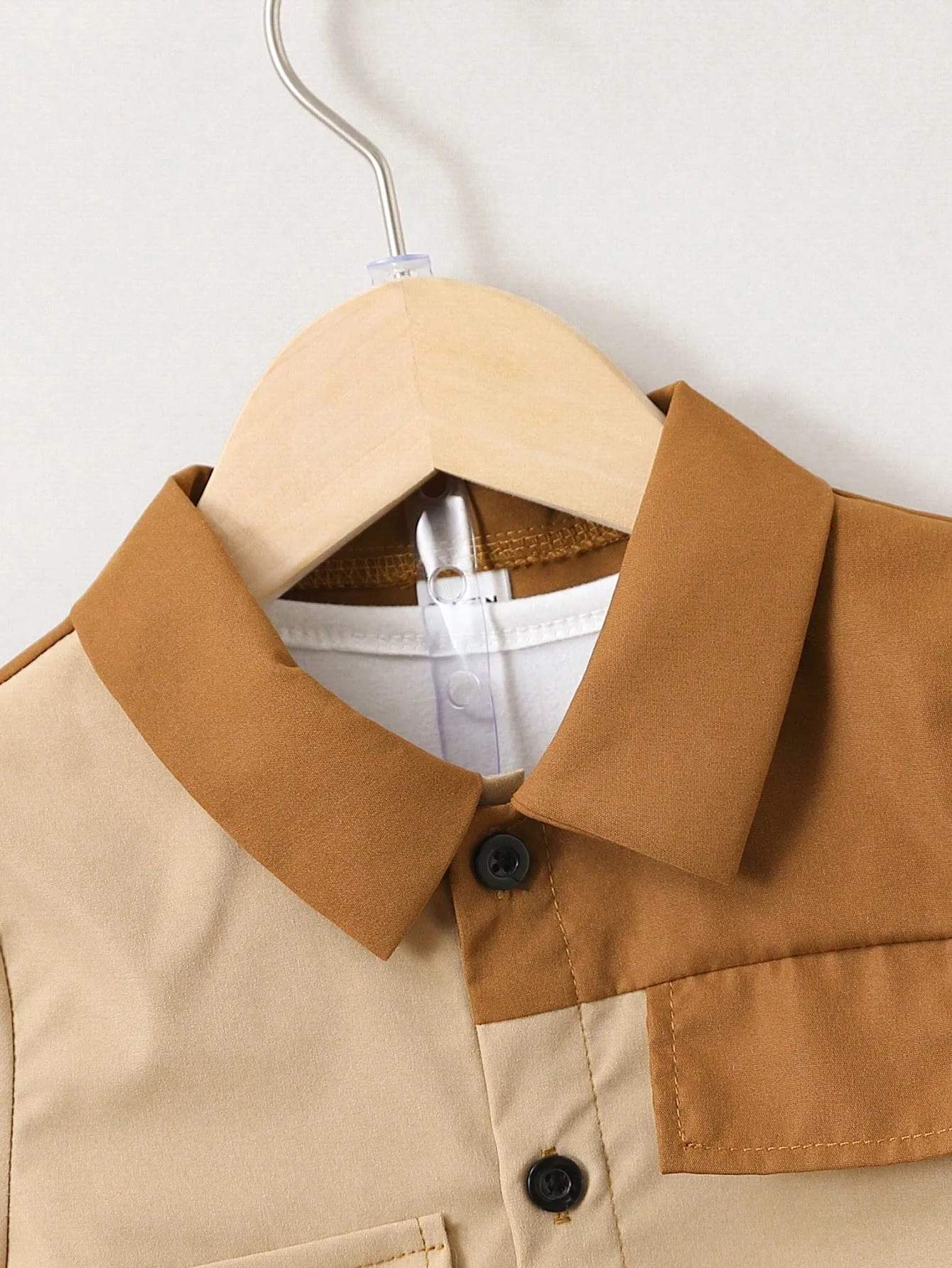 Khaki button shirt| Boy Khaki Color Block Turn-down Collar Casual