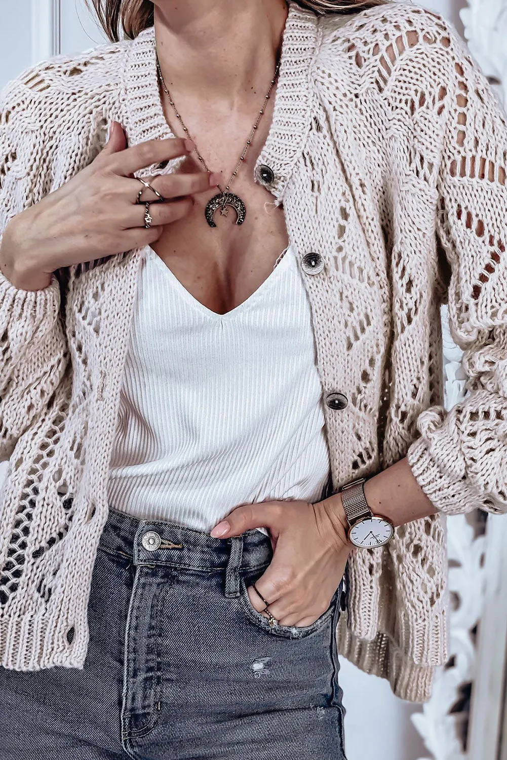 Khaki Solid Open Knit Button-Up Sweater Cardigan