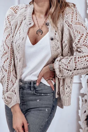 Khaki Solid Open Knit Button-Up Sweater Cardigan
