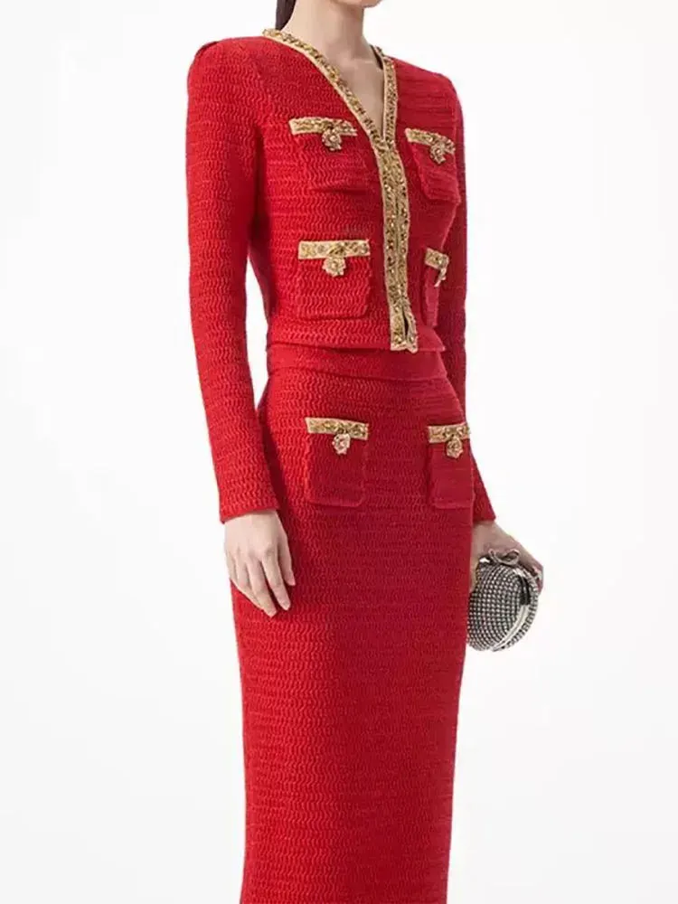 Knit Cardigan Midi Dresses Set