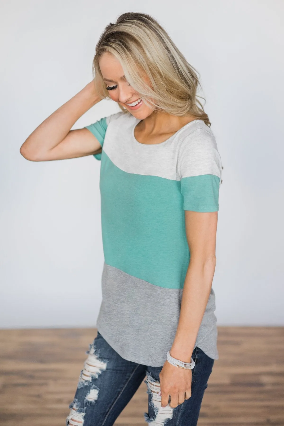 Lace & Button Color Block Top- Turquoise