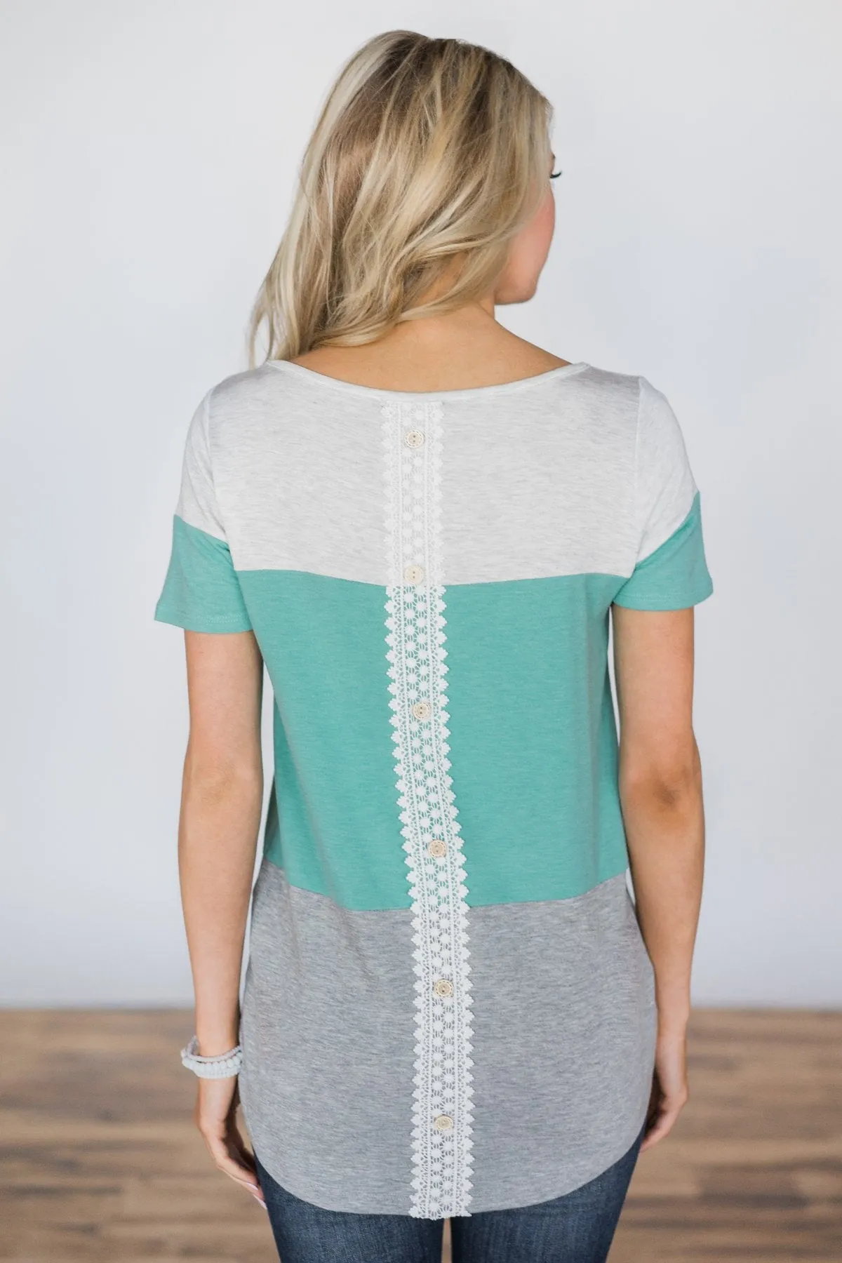Lace & Button Color Block Top- Turquoise