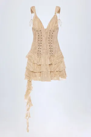 Lace-Up Ruffled Tiered Mini Dress in Tan Print