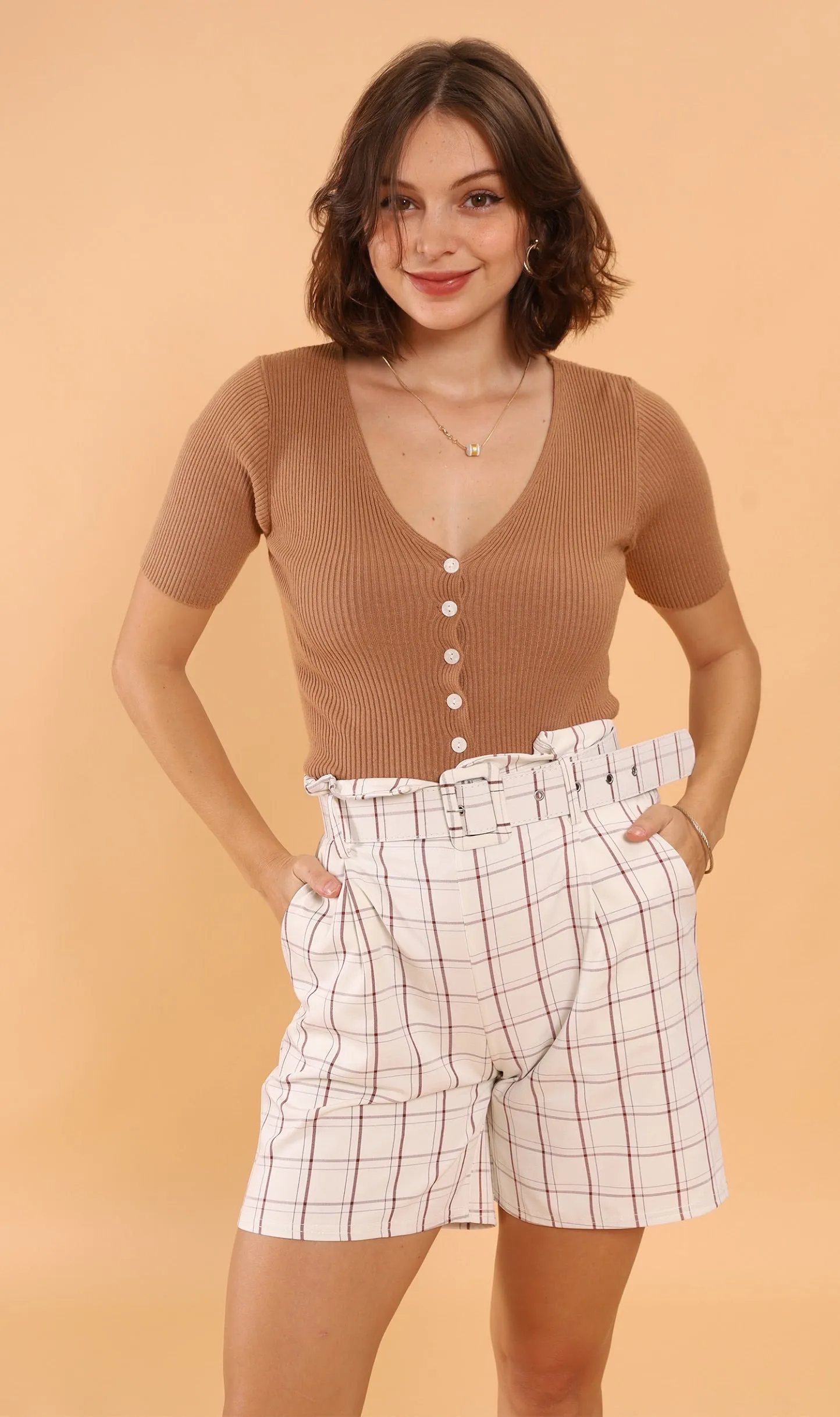 LAUREN Button-Down Knit Top (Mocha)