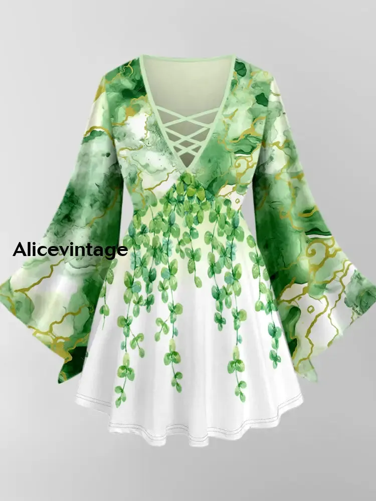 Leaf Art Print V-Neck Long Sleeve Top