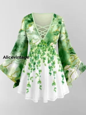 Leaf Art Print V-Neck Long Sleeve Top