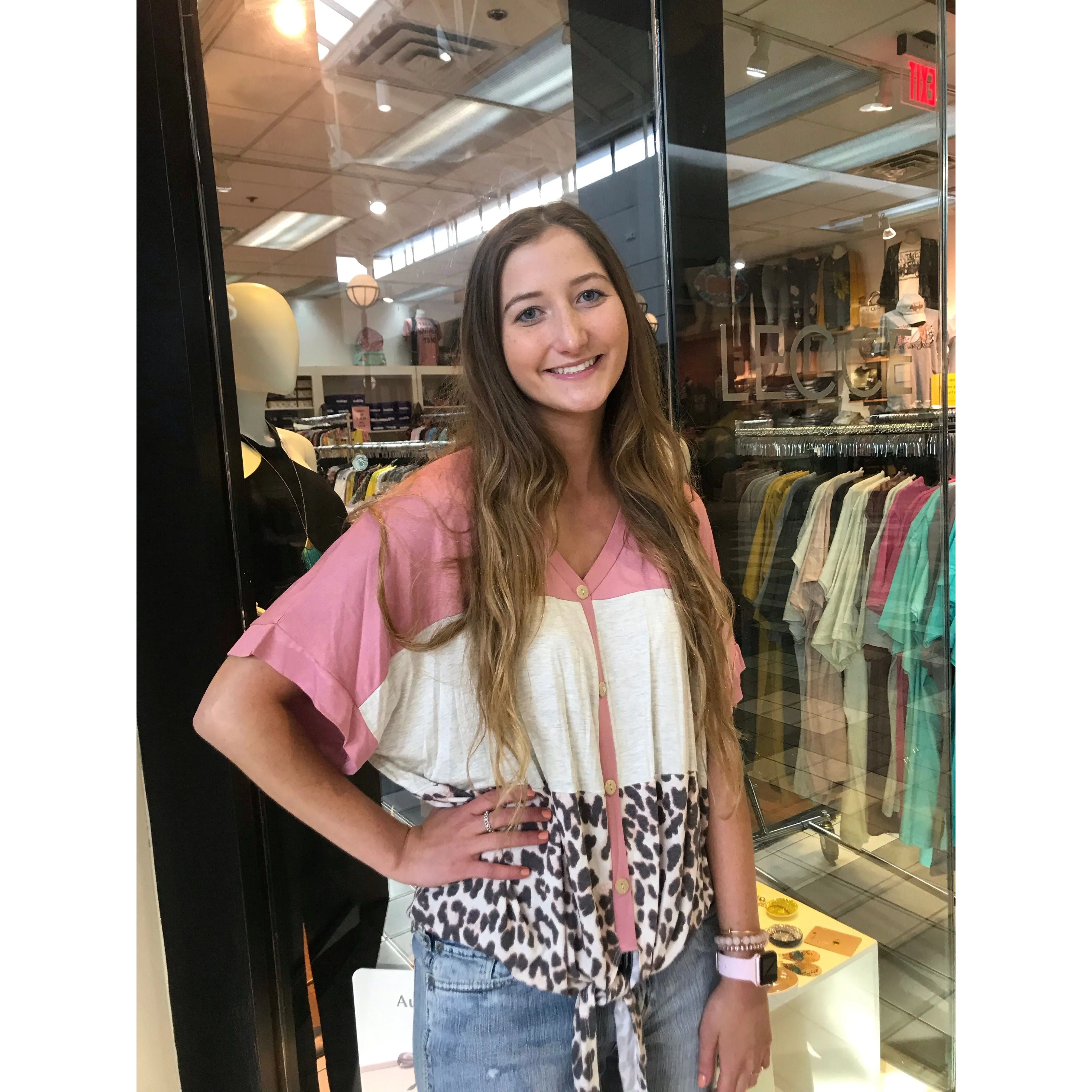 Leopard Color Block Top with Button and Knot
