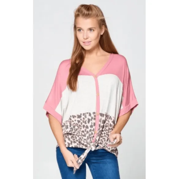 Leopard Color Block Top with Button and Knot