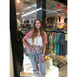 Leopard Color Block Top with Button and Knot