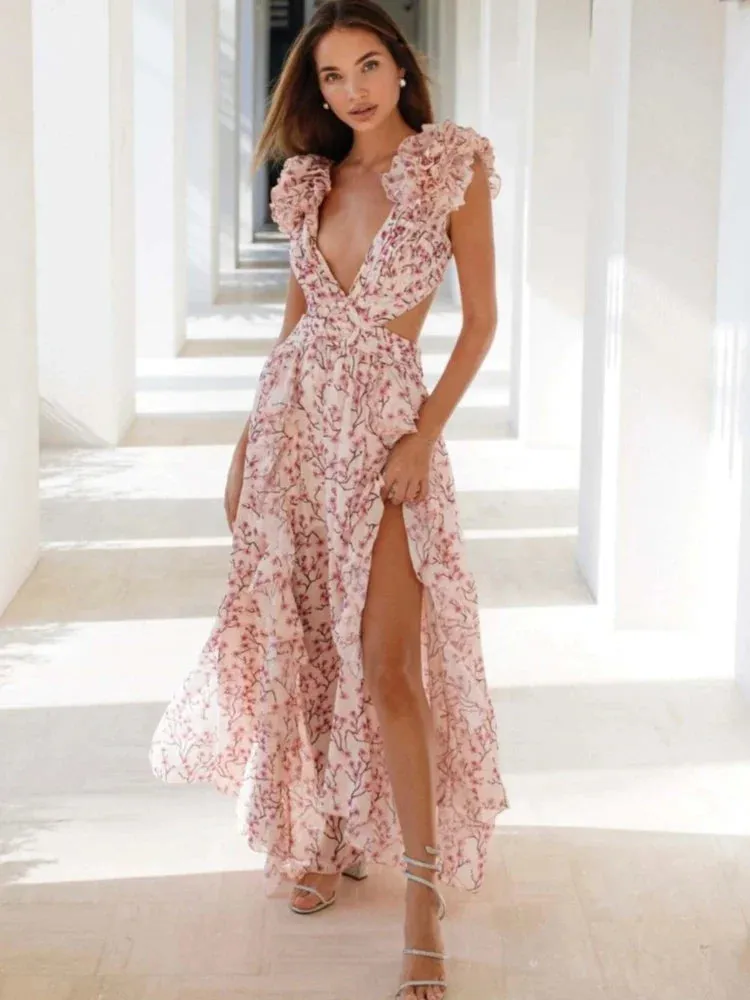 Lexi Elegant Backless Ruffles Maxi Dress