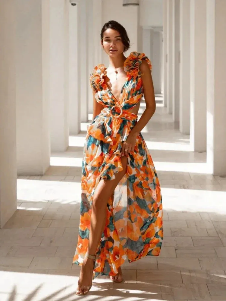 Lexi Elegant Backless Ruffles Maxi Dress