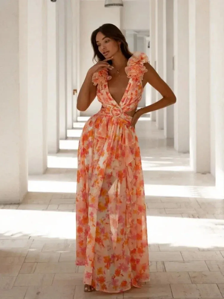 Lexi Elegant Backless Ruffles Maxi Dress