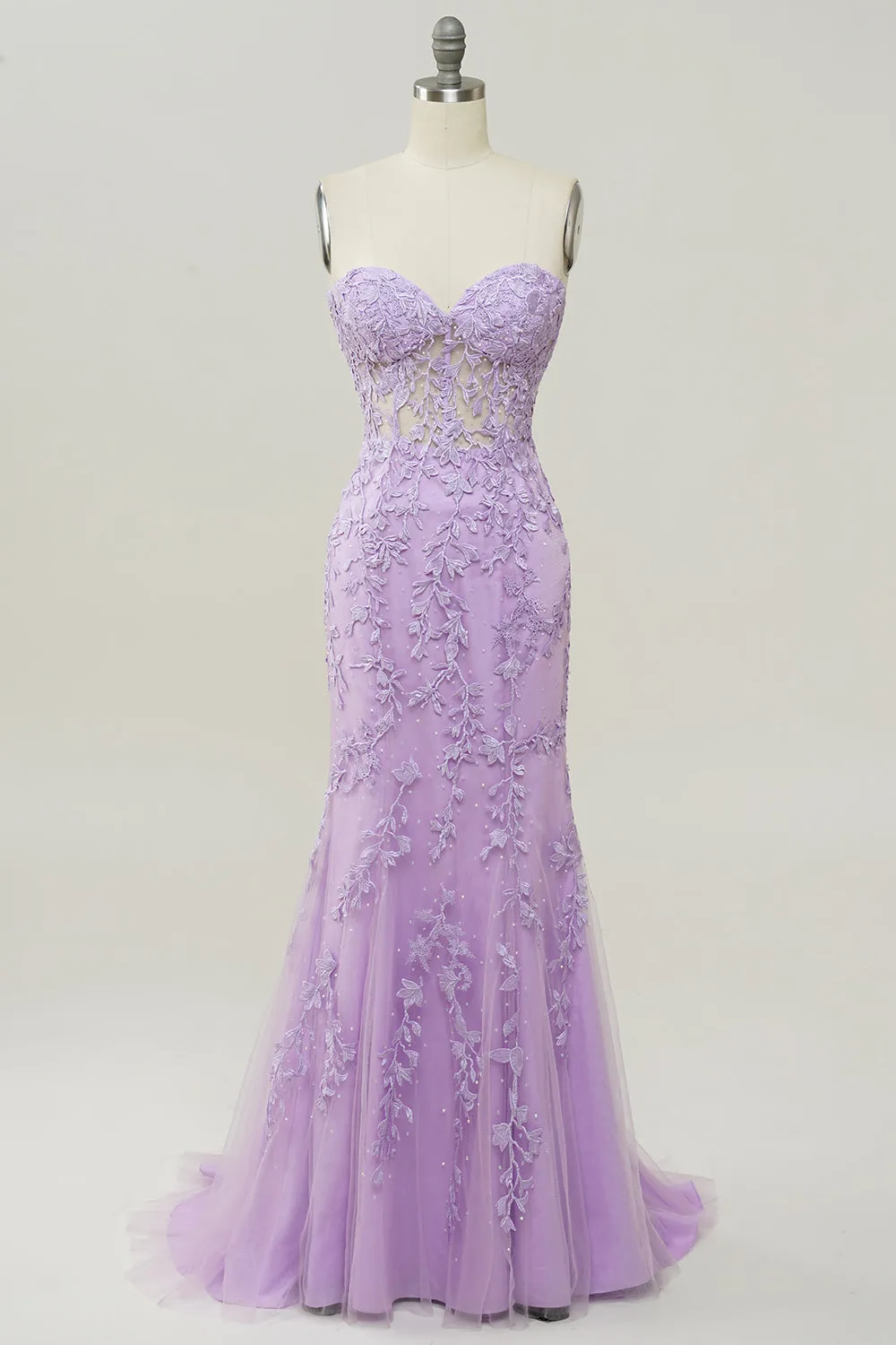 Light Purple Prom Dress Sweetheart Lace Up Long Mermaid Evening Dress with Appliques