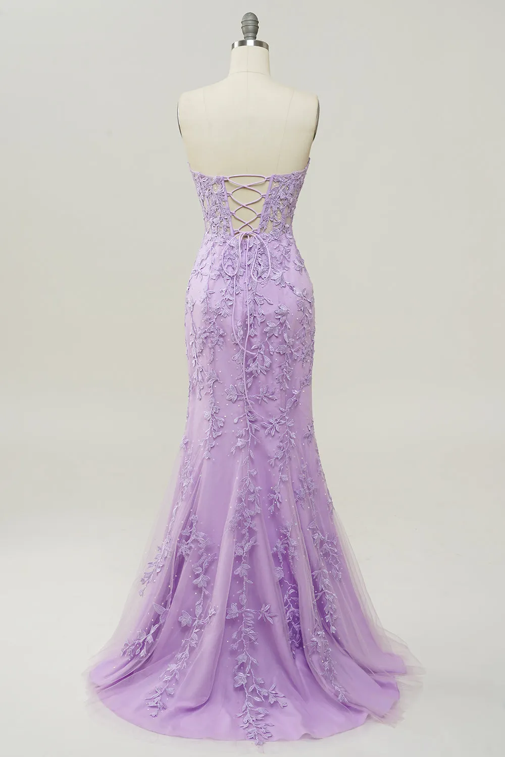 Light Purple Prom Dress Sweetheart Lace Up Long Mermaid Evening Dress with Appliques