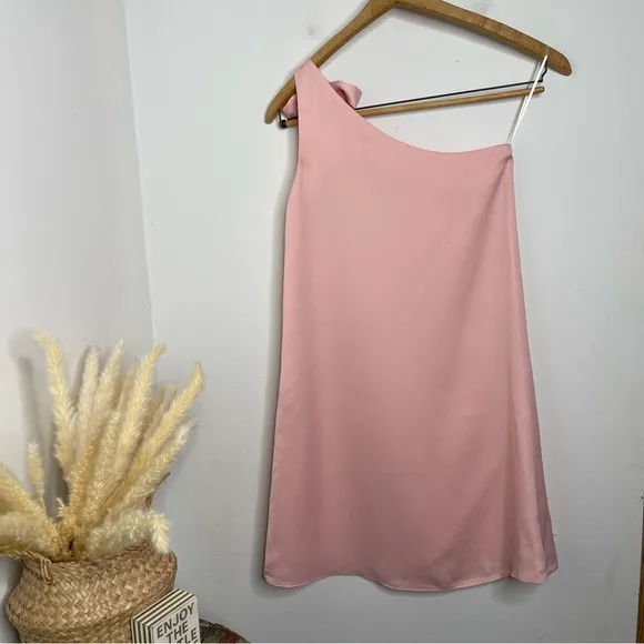 LIKELY Pink Bow Tie One Shoulder Tulip Hem Mini Cocktail Dress Size M