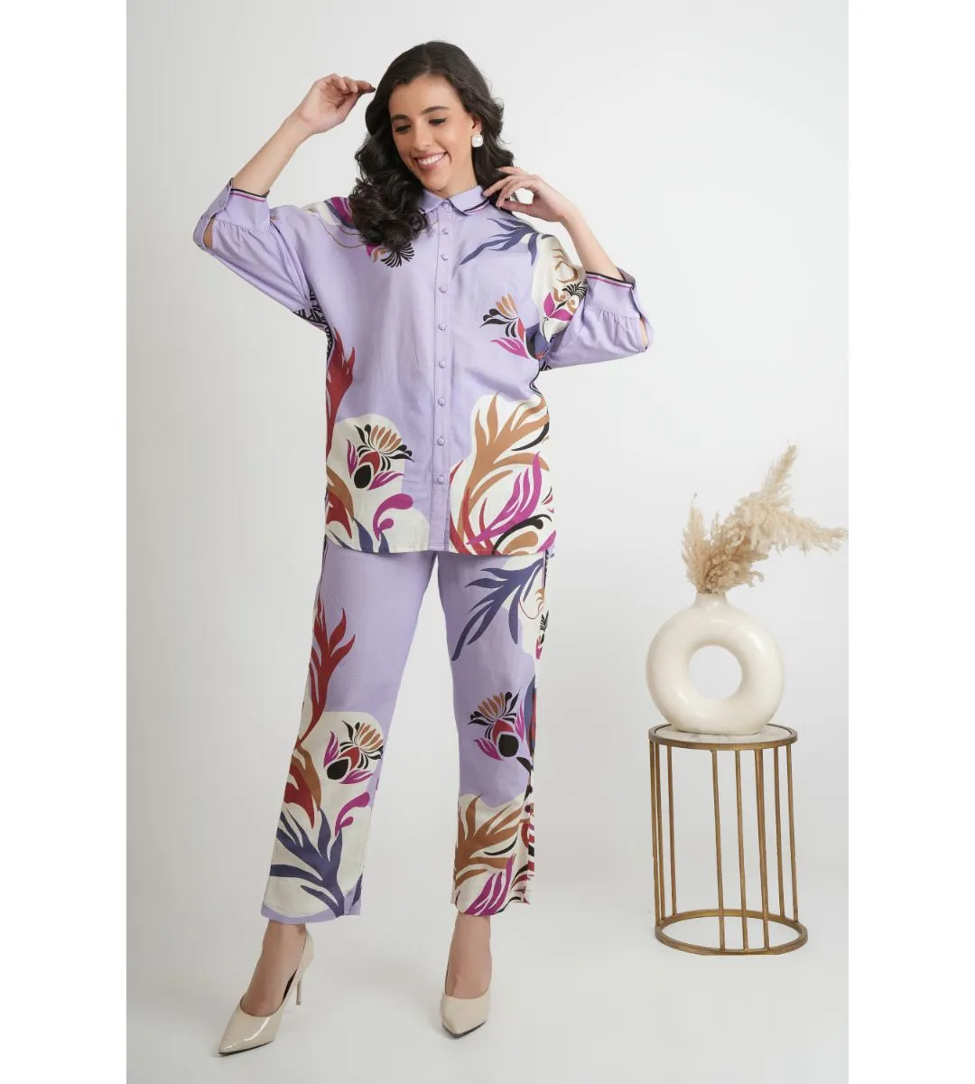 Lilac Cotton Collar Pattern Co-ord Set