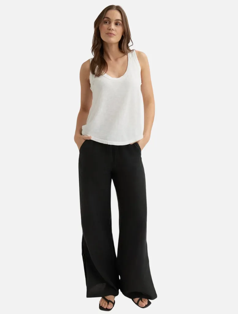 Linen Side Slit Wide Leg Pant - Black