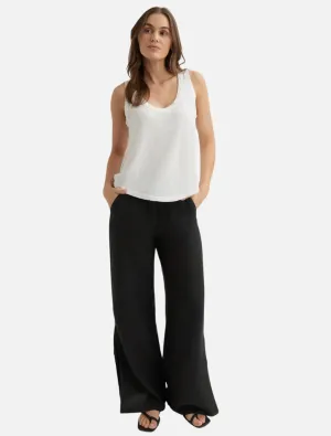 Linen Side Slit Wide Leg Pant - Black
