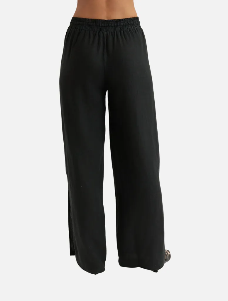 Linen Side Slit Wide Leg Pant - Black