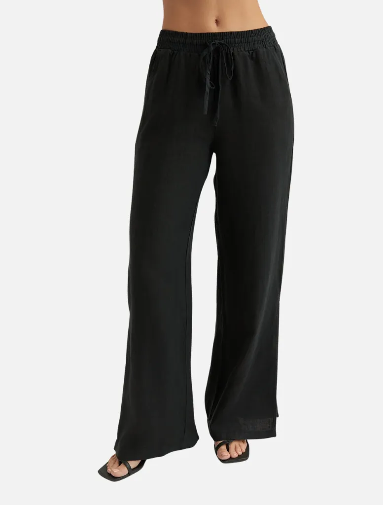 Linen Side Slit Wide Leg Pant - Black