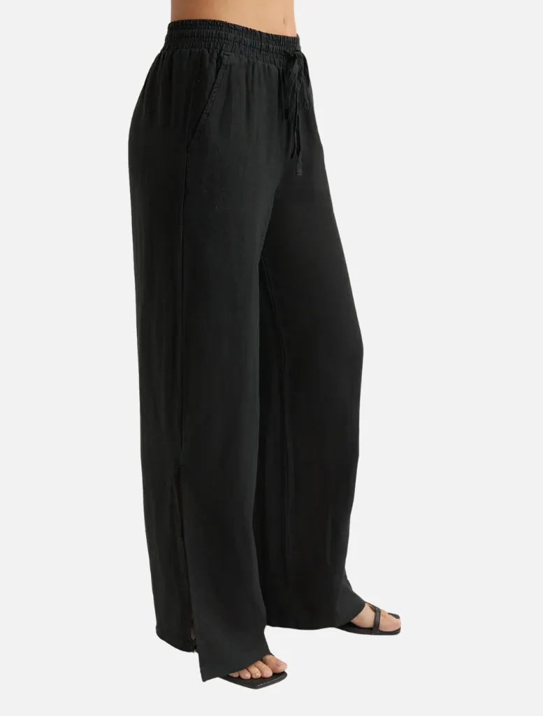 Linen Side Slit Wide Leg Pant - Black
