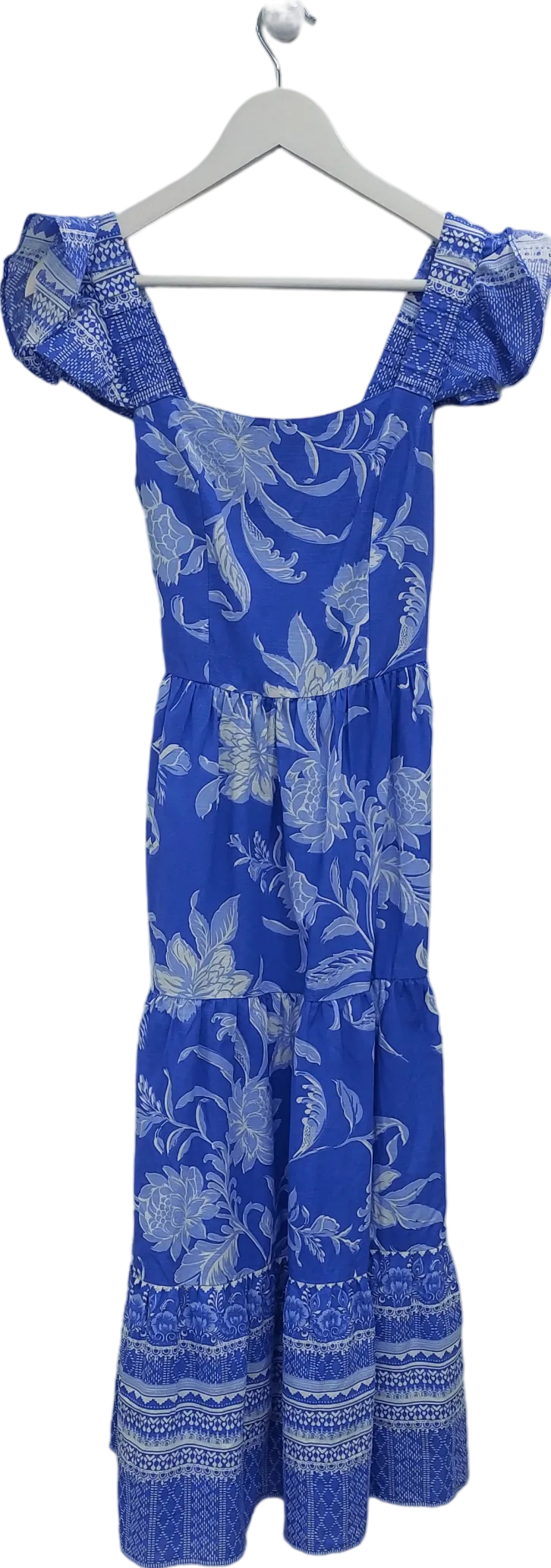 lipsy london Blue Ruffle Floral Belted Midi Linen Look Dress UK 10