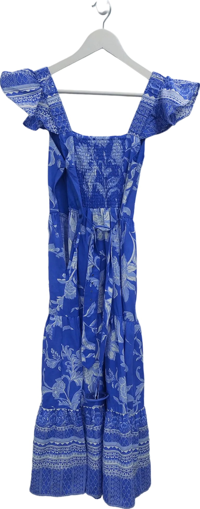 lipsy london Blue Ruffle Floral Belted Midi Linen Look Dress UK 10
