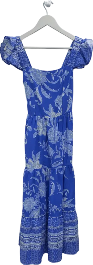 lipsy london Blue Ruffle Floral Belted Midi Linen Look Dress UK 10