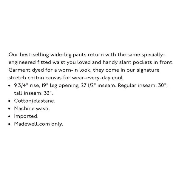 MADEWELL Iris Bloom The Petite Emmett WideLeg Pants Garment-Dyed Edition NWT 23P