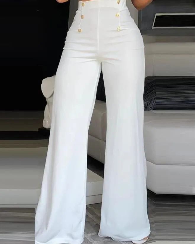Madrisa Pantalons - Fashionable women's pants with wide leg and button closure