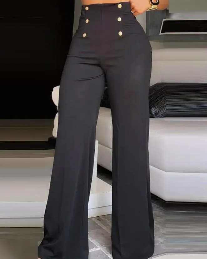 Madrisa Pantalons - Fashionable women's pants with wide leg and button closure