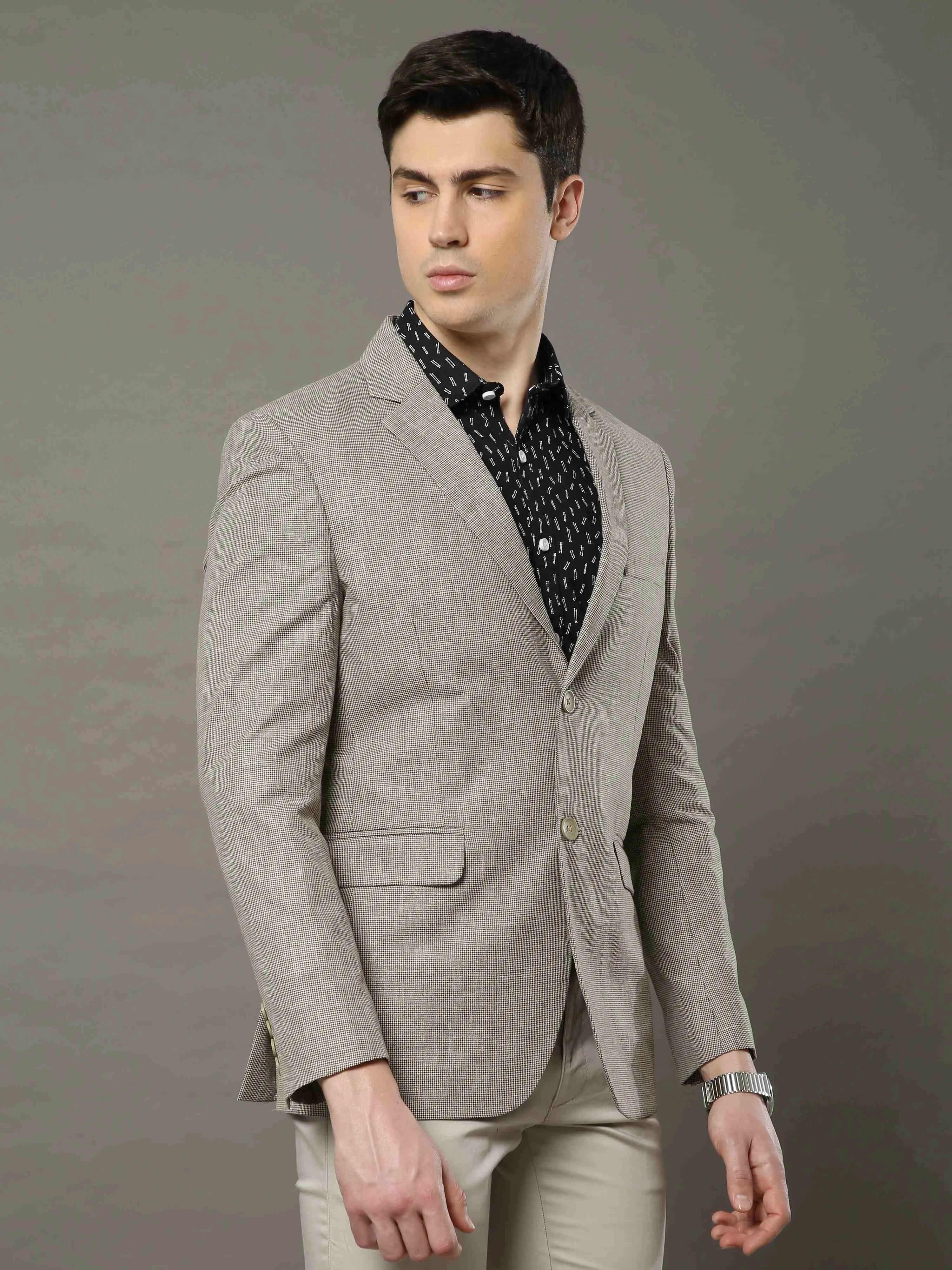 Men's Khaki Slim Fit Printed Casual Blazer