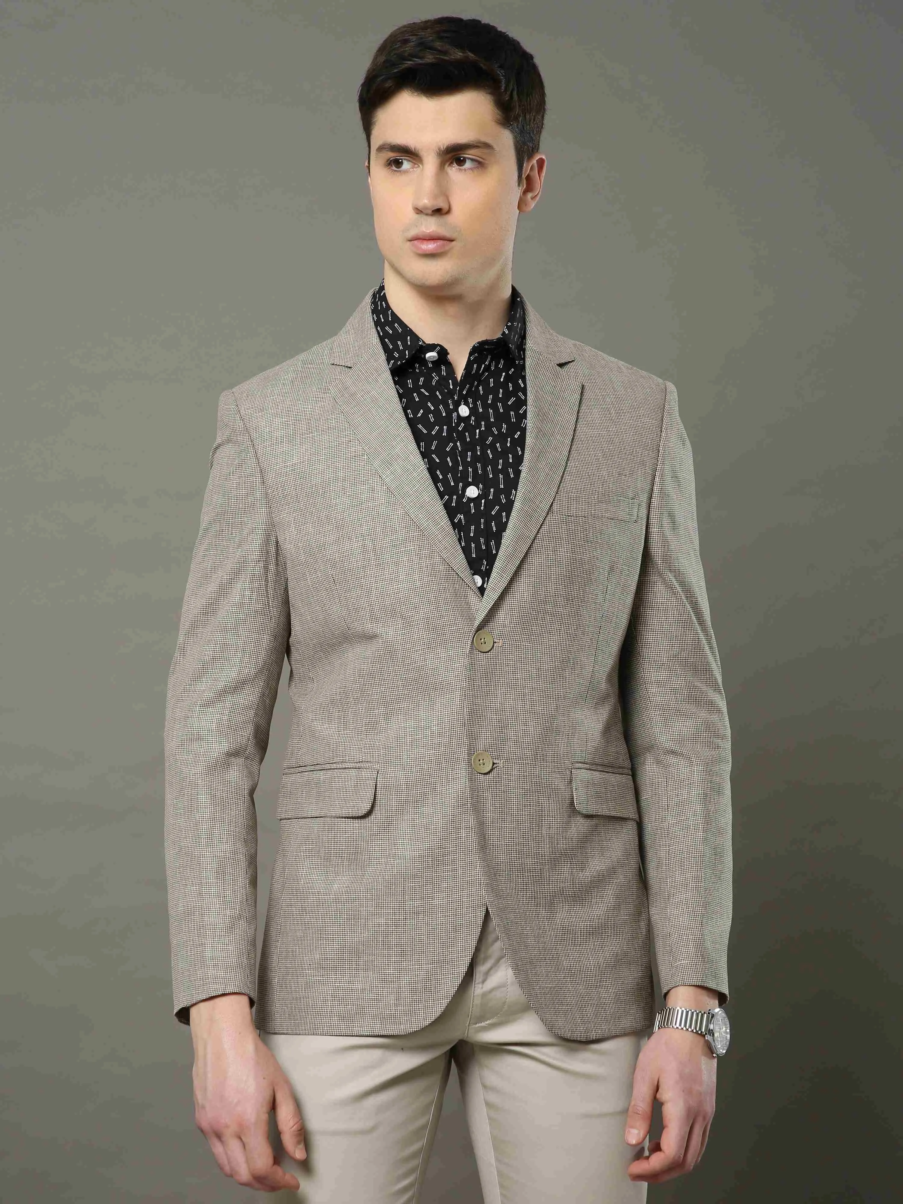 Men's Khaki Slim Fit Printed Casual Blazer