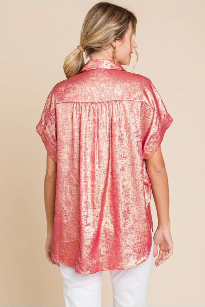 Metallic Collared Button Up Top W/Cuffed Short Sleeves