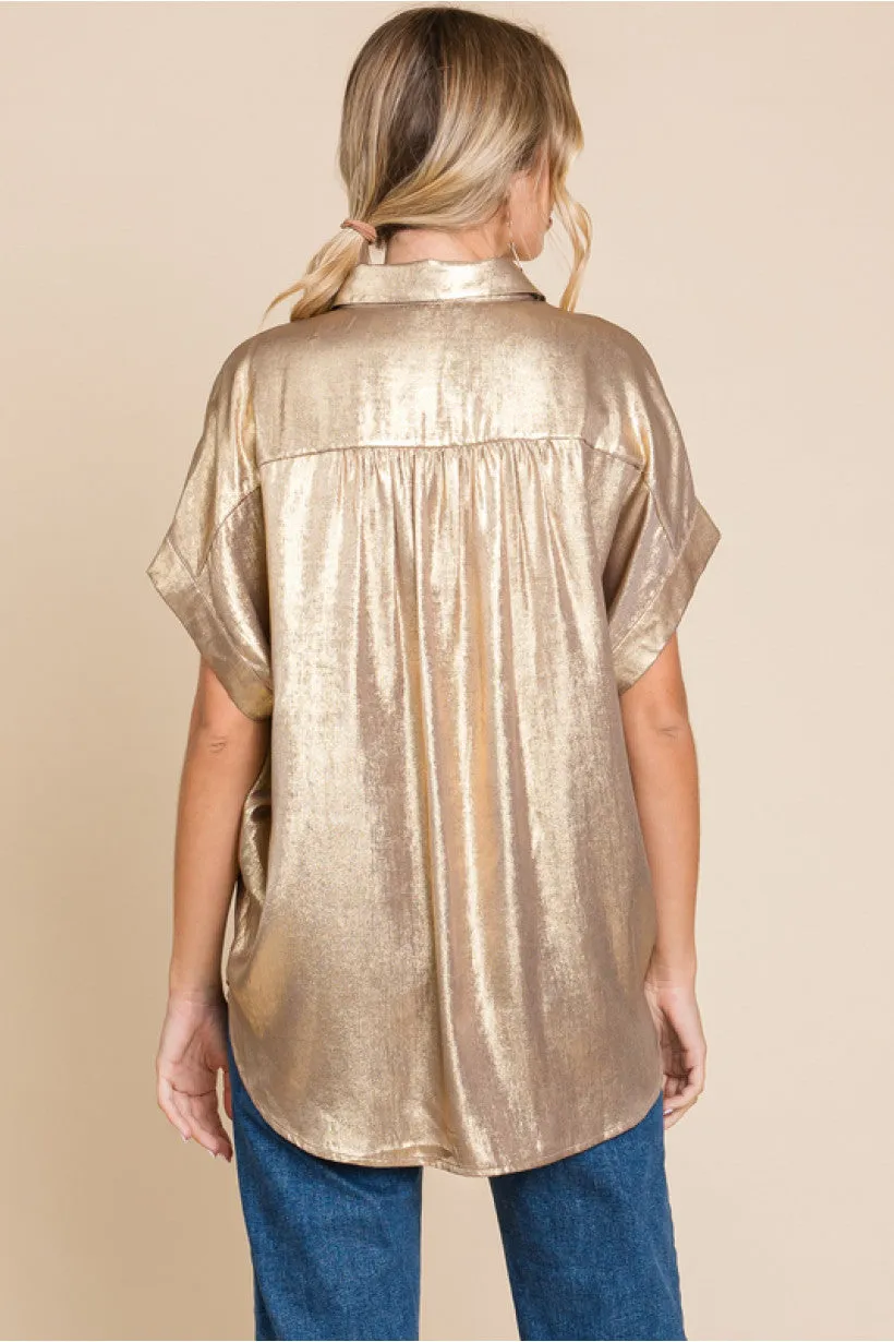 Metallic Collared Button Up Top W/Cuffed Short Sleeves