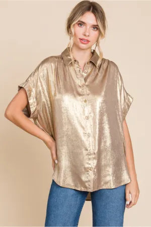 Metallic Collared Button Up Top W/Cuffed Short Sleeves